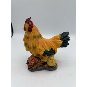 Yellow Rooster & Chick Figurine Resin Farmhouse Decor Country Chicken 5.5” Tall